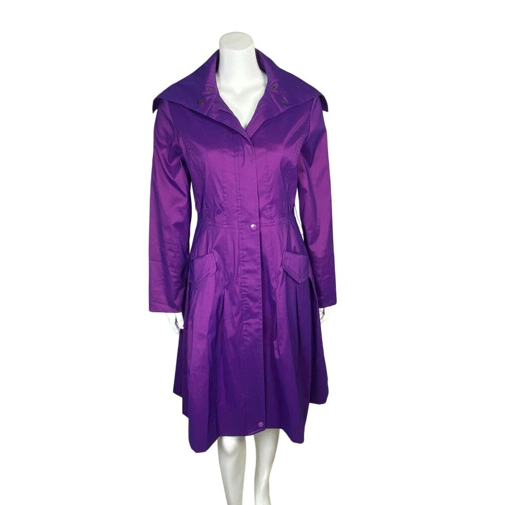 Samuel Dong Trench Coat Womens Size S Iridescent Purple Wide Collar Fit & Flare